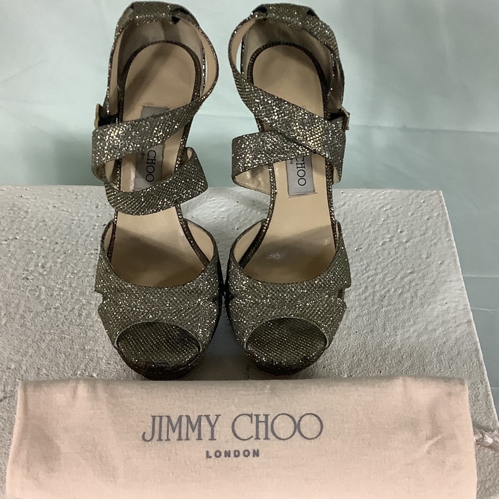 Jimmy Choo Gold Glitter Platform Sandals Peep Toe Stiletto Heels Size 38 Italy